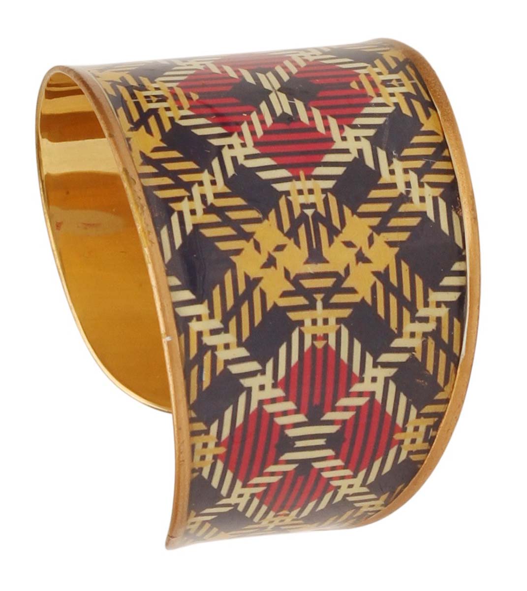 2.6” Golden Brass Cuff Bracelet with Red Yellow Chequered Pattern - Elegant Accessories / Jewelry / Gifts for Her - Buy in Bulk Wholesale